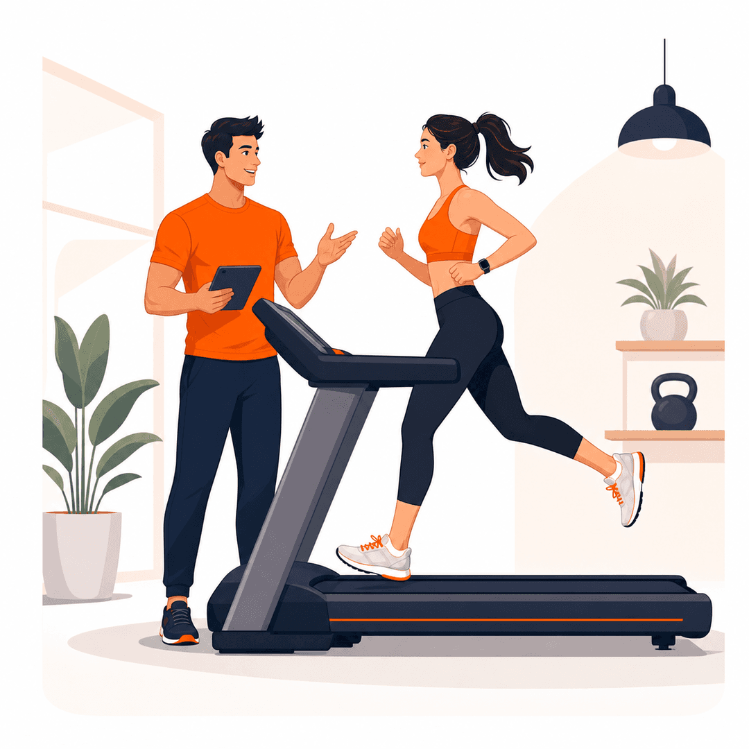 Coach instructing a client running on a treadmill