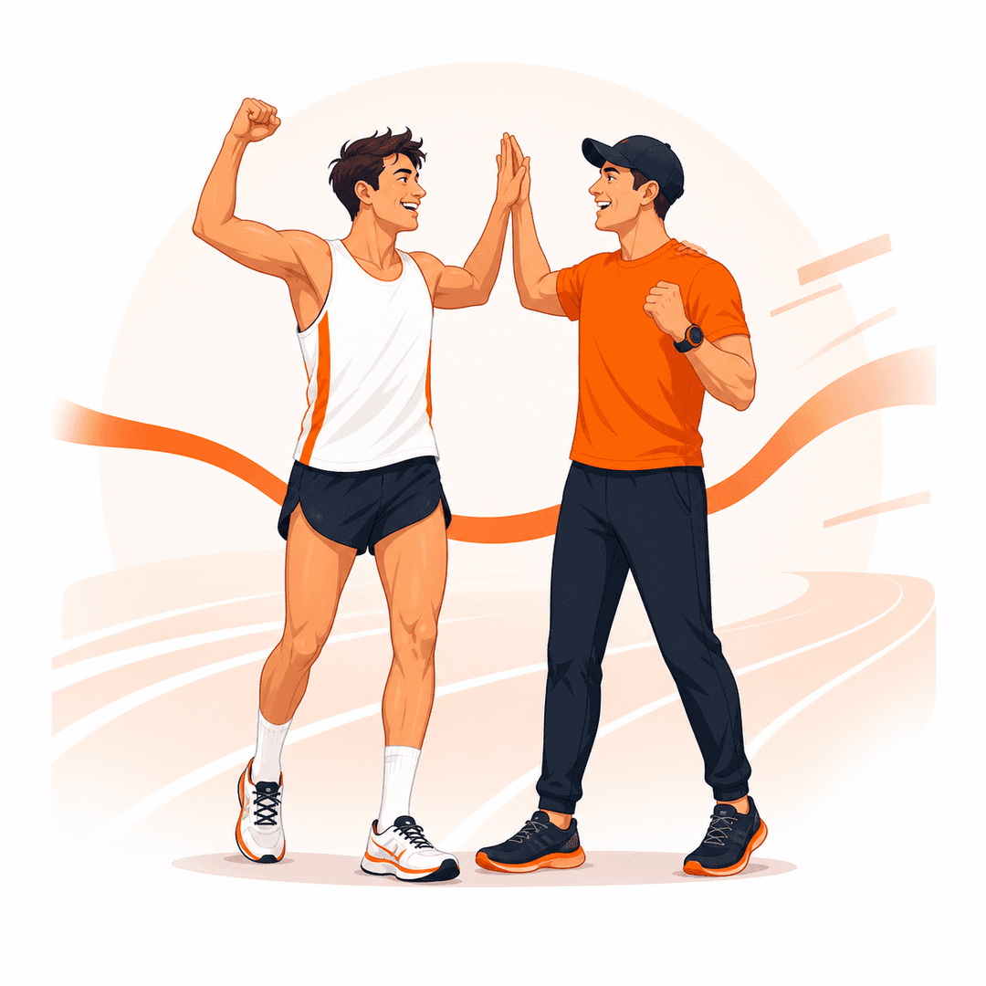 Marathon runner celebrating with a coach