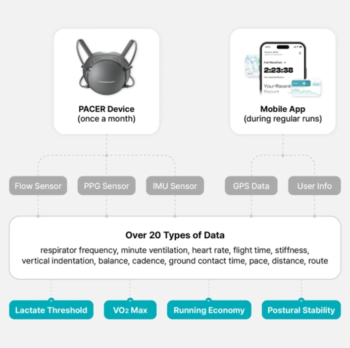 Diagramm: Sensoren und erzeugte Kennzahlen mit PACER und App
