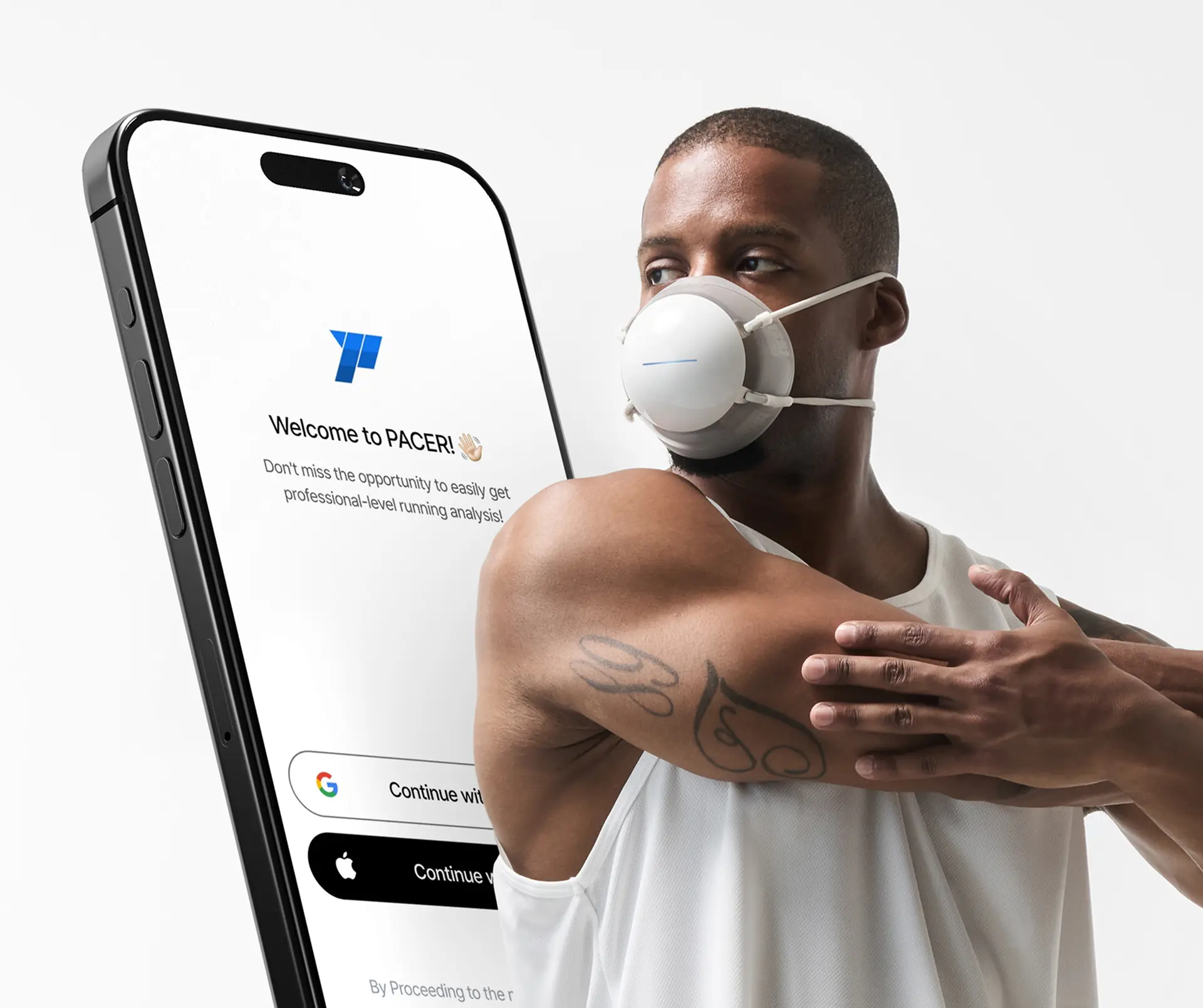 Ein Läufer mit PACER beim Dehnen, daneben der Bildschirm der PACER-App